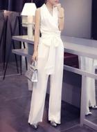 Oasap V Neck Sleeveless Tie Waist Wide Leg Jumpsuit