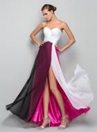 Oasap Strapless High Slit Color Block Maxi Evening Dress