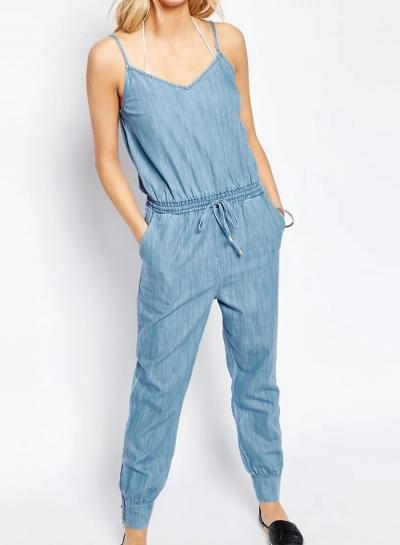 Oasap Spaghetti Strap Sleeveless Drawstring Pockets Denim Jumpsuit
