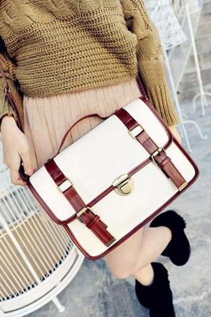 Oasap Preppy Style Contrast Color Double Pin Buckle Shoulders Bag