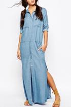 Oasap Side Slit Button Front Denim Maxi Dress