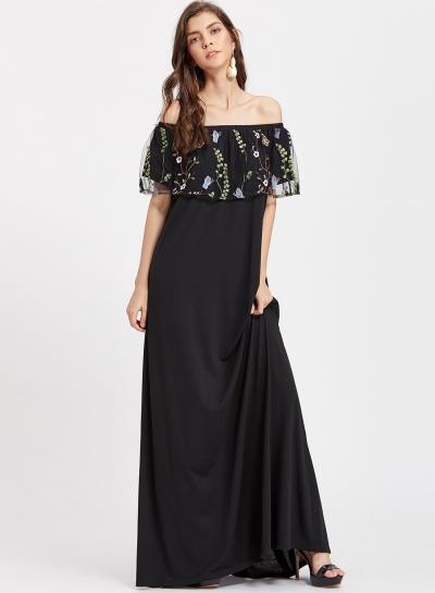 Oasap Slash Neck Floral Embroidery Maxi Dresses