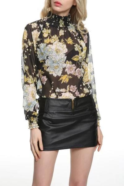 Oasap Fashion Floral Printing High Neck Chiffon Blouse