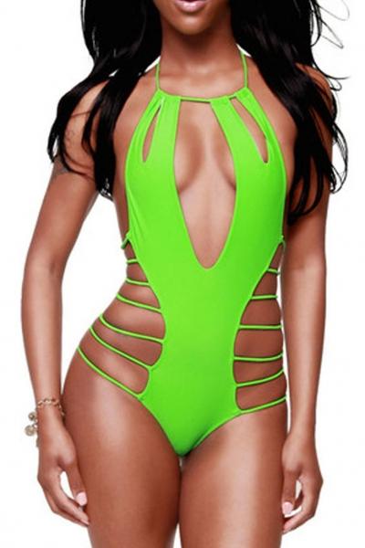 Oasap Green Strappy Cut Outs One-piece Swimwear