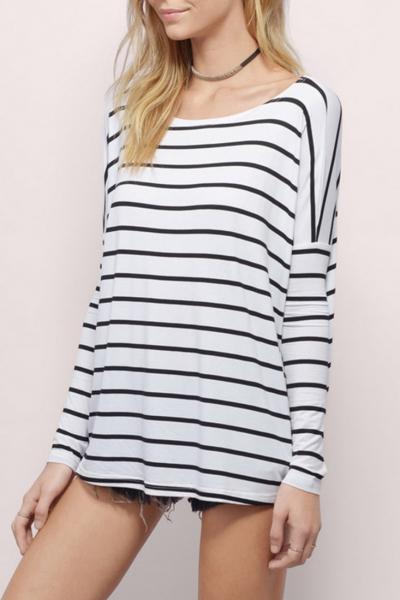 Oasap Simple Black And White Stripe Batwing Sleeve Tee