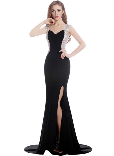 Oasap Rhinestone Trim Scoop Back Slit Prom Dress