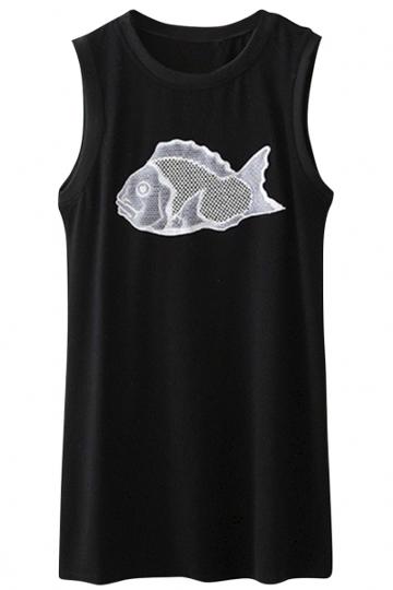 Oasap Fish Embroidery Textured Tee Dress