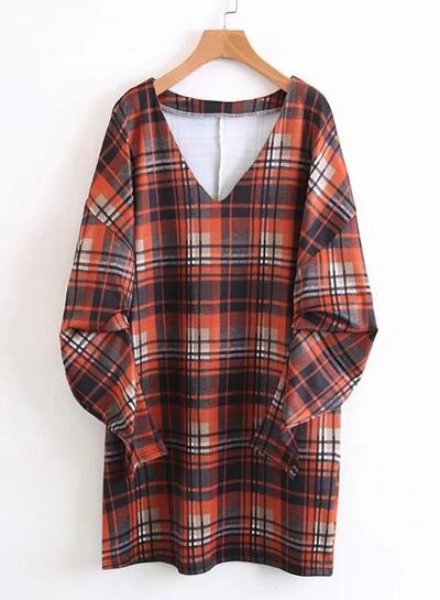 Oasap V Neck Long Sleeve Plaid Midi Dress