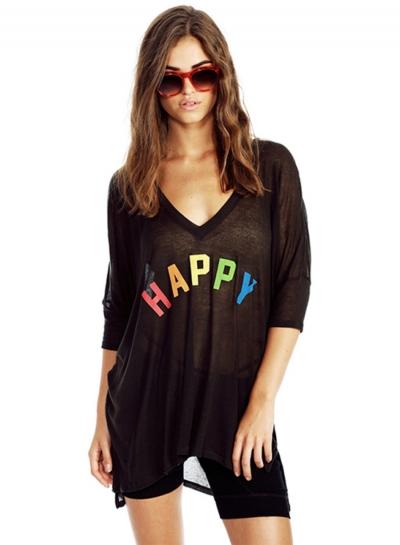 Oasap Letter Print V Neck Loose Tee Shirt