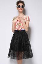 Oasap Vintage Floral Silhouette Pleated High-wasited Skirt