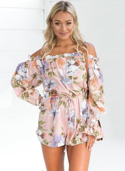 Oasap Slash Neck Floral Print Elastic Waist Romper