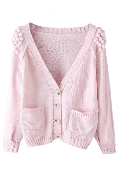 Oasap Sweet Bobble Decor V Nekcline Patch Pocket Cardigan