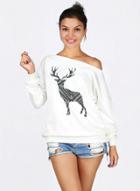Oasap Slash Neck Long Sleeve Deer Printed Christmas Sweatshirt