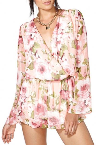 Oasap Floral Print Flounce Trim Romper