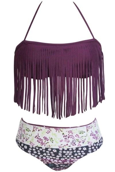 Oasap Women's Dark Purple Halter Fringed Floral Printed Bikini Swimsuit