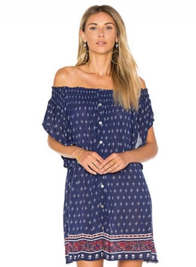 Oasap Vintage Print Slash Neck Button Down Dress