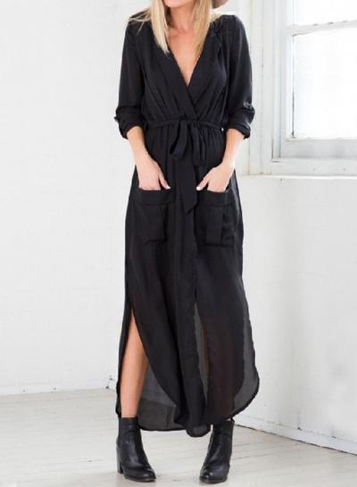 Oasap Loose Long Sleeve Slit Shirt Dress