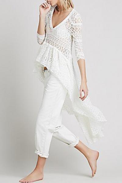 Oasap V Neck Swallow Tail Sheer Lace Shirt