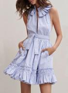 Oasap Fashion Striped Sleeveless Ruffle Dress With Belt