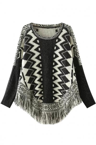 Oasap Geo-print Batwing Tassel Pullover Sweater