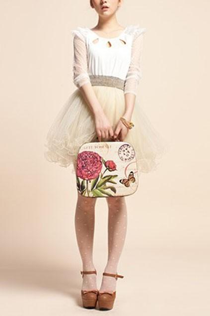 Oasap Elegant Beige Princess Fluffy Skirt With Lacy Hemline