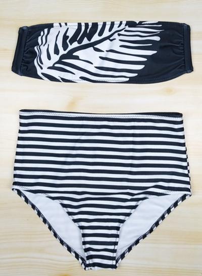 Oasap Stripe Bandeau High Waist Bikini Set