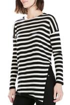Oasap Women Color Block Striped Side Slit Asymmetric Knit Sweater