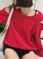 Oasap Studded Cold Shoulder Loose Fit Sweatshirt