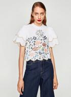 Oasap Fashion Ruffle Sleeve Floral Embroidered Blouse