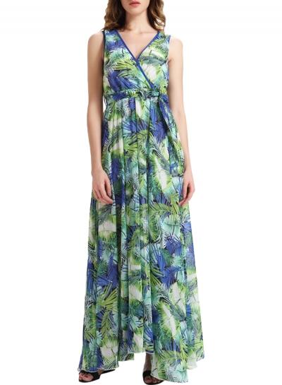 Oasap Women's V Neck Sleeveless Side Slit Leaves Print Chiffon Maxi Dress