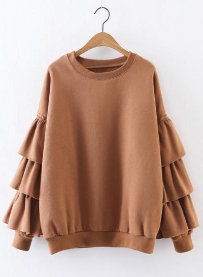 Oasap Round Neck Long Sleeve Flounce Hem Solid Color Sweatshirt