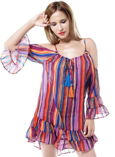 Oasap Lace-up Flounce Print Chiffon Dress