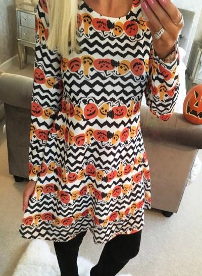 Oasap Round Neck Pumpkin Wave Print Dress