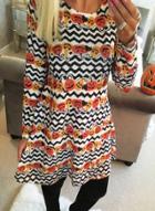 Oasap Round Neck Pumpkin Wave Print Dress