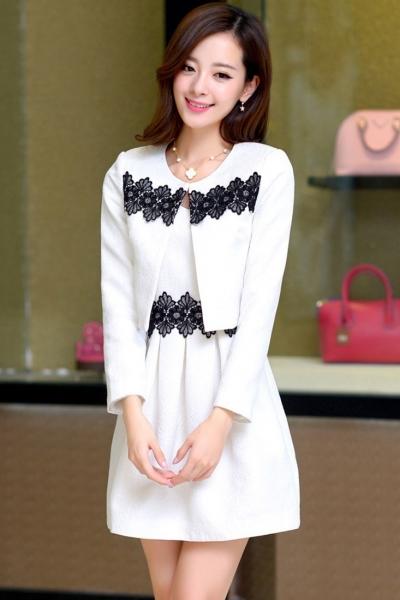 Oasap Solid Lace Princess Dress Jacquard Matching Sets