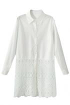 Oasap Stylish White Long Shirt With Paneled Lace Hem
