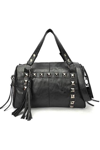 Oasap Retro Black Tassel Detail Studded Shoulder Bag