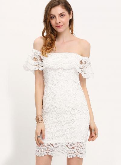 Oasap Slash Neck Flounce Sleeve Off Shoudler Lace Bodycon Dress