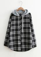 Oasap Hooded Long Sleeve Plaid Button Down Blouses