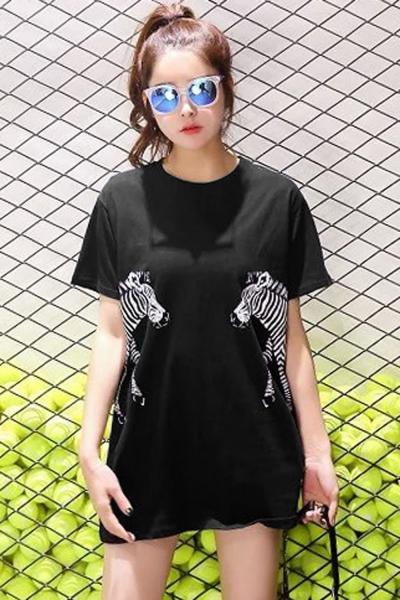 Oasap Casual Zebra Graphic Round Neck Knit Tee