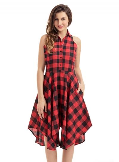 Oasap Turn-down Collar Sleeveless Button Down Irregular Plaid Dress