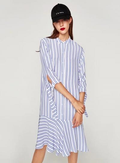 Oasap 3/4 Sleeve Flounce Hem Button Down Irregular Striped Dress