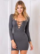 Oasap V Neck Long Sleeve Lace-up Bodycon Solid Dress