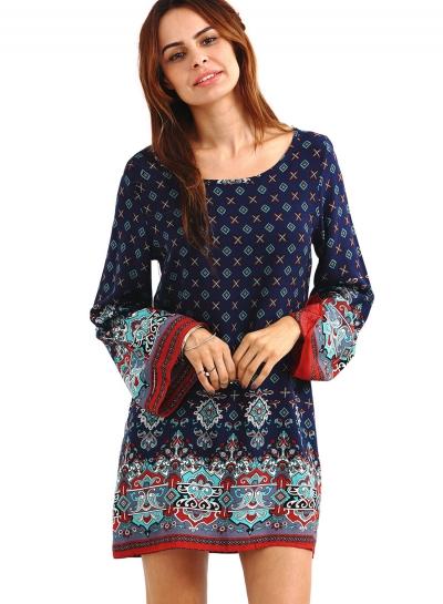 Oasap Round Neck Long Sleeve Mini Dresses