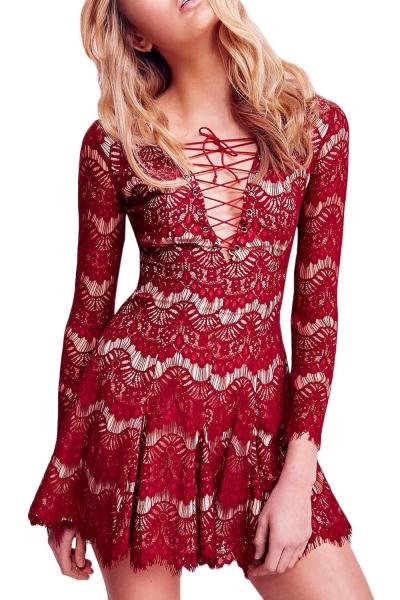 Oasap Women Lace-up Front Frayed Scalloped Hem Slim Fit Dress