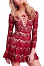 Oasap Women Lace-up Front Frayed Scalloped Hem Slim Fit Dress