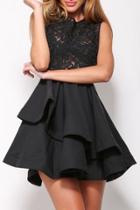 Oasap Black Romance Lace Asymmetric Hem Skater Dress