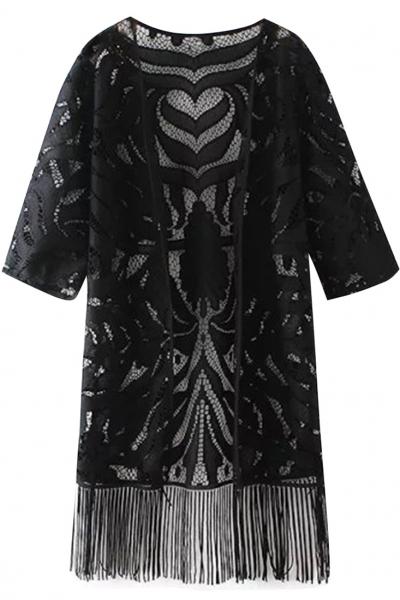Oasap Semi-sheer Lace Paneled Cardigan