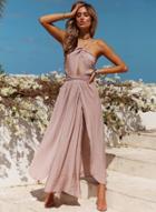 Oasap Fashion Sexy Spaghetti Strap Backless Slit Lace-up Maxi Dress