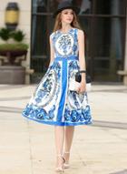 Oasap Blue And White Porcelain Print Sleeveless Slim Dress